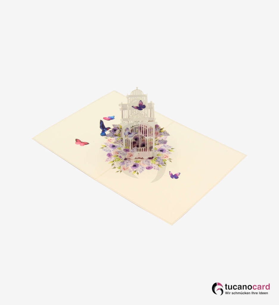 Käfig mit Vögeln und Schmetterlingen - Weiß - 15 x 20 cm