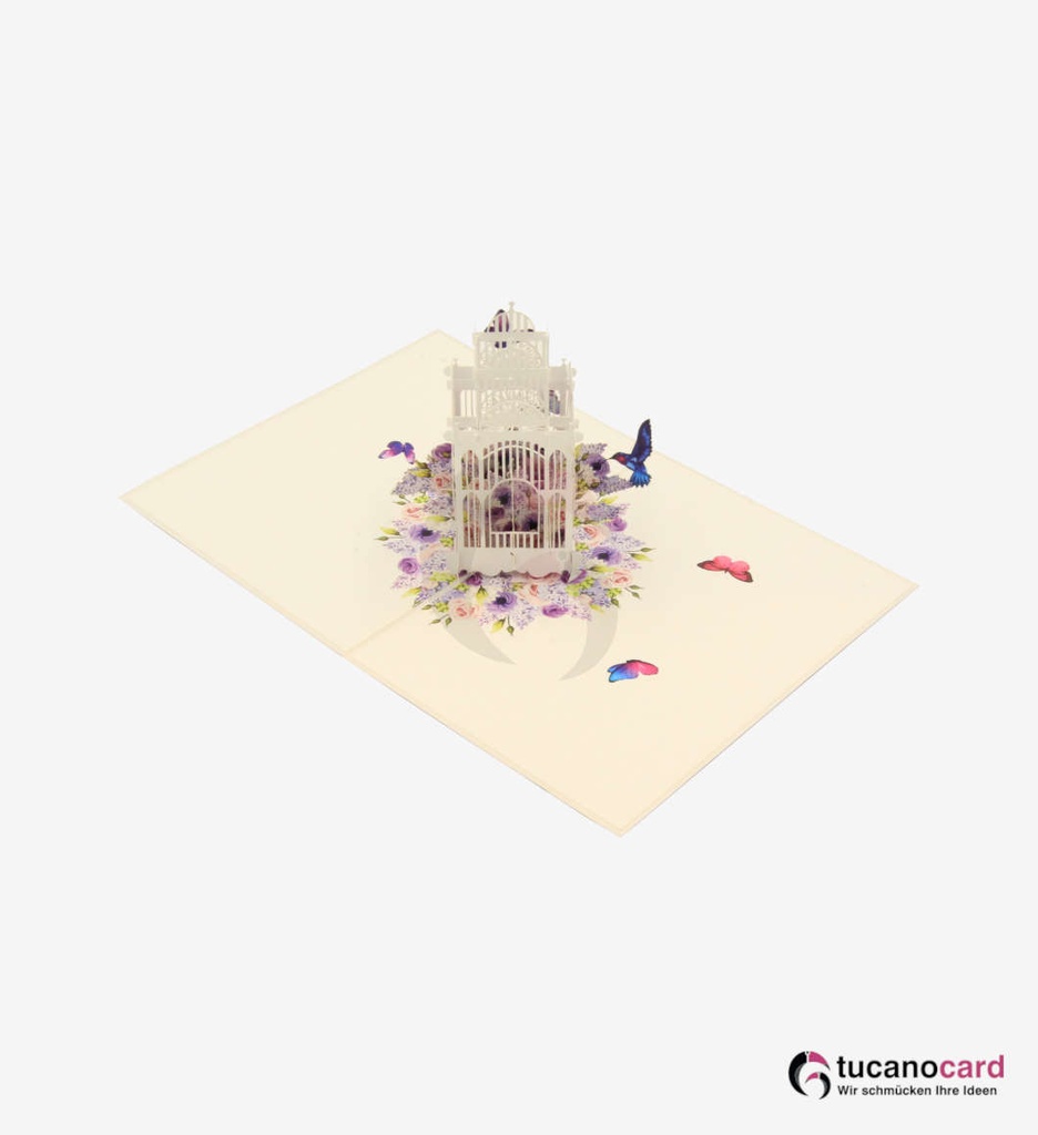 Käfig mit Vögeln und Schmetterlingen - Weiß - 15 x 20 cm