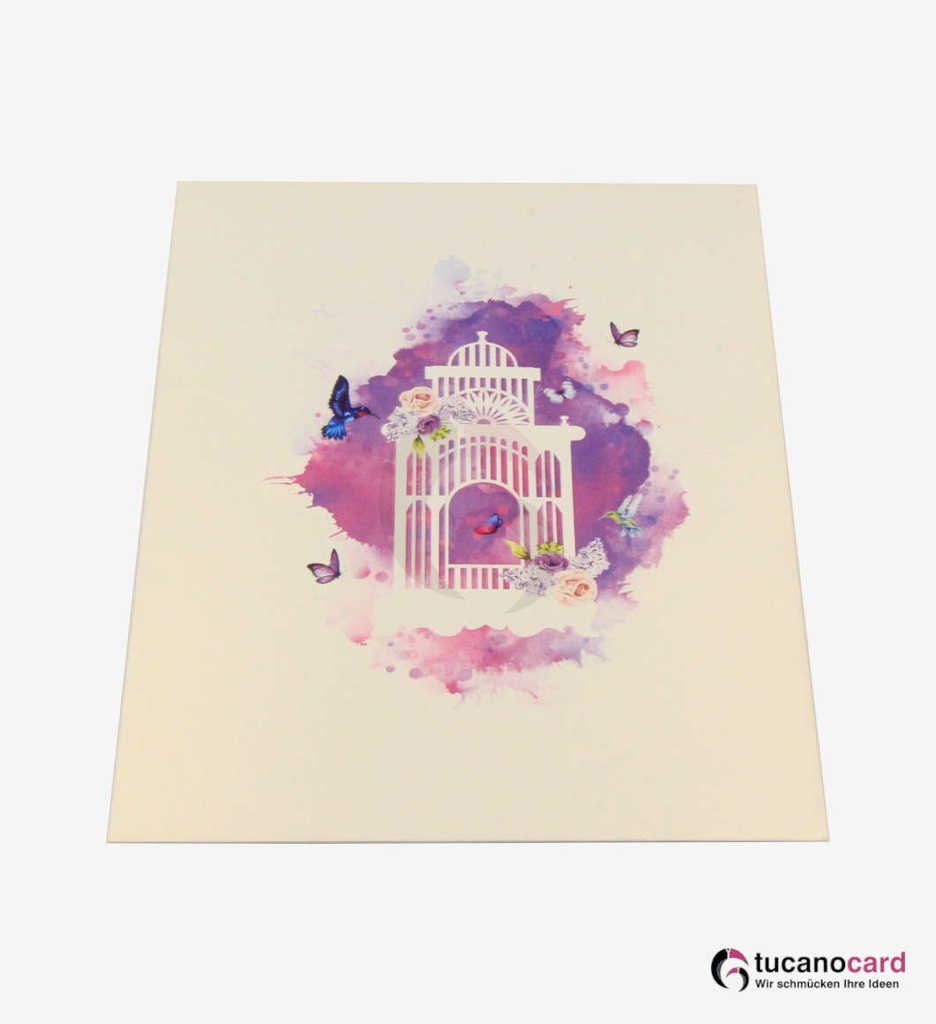 Käfig mit Vögeln und Schmetterlingen - Weiß - 15 x 20 cm