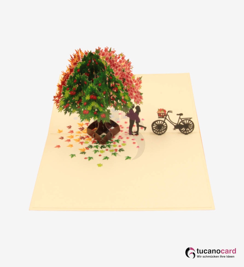 (DATEN fehlen) Vier Jahreszeiten - Pärchen unter Baum mit Fahrrad - Bunt