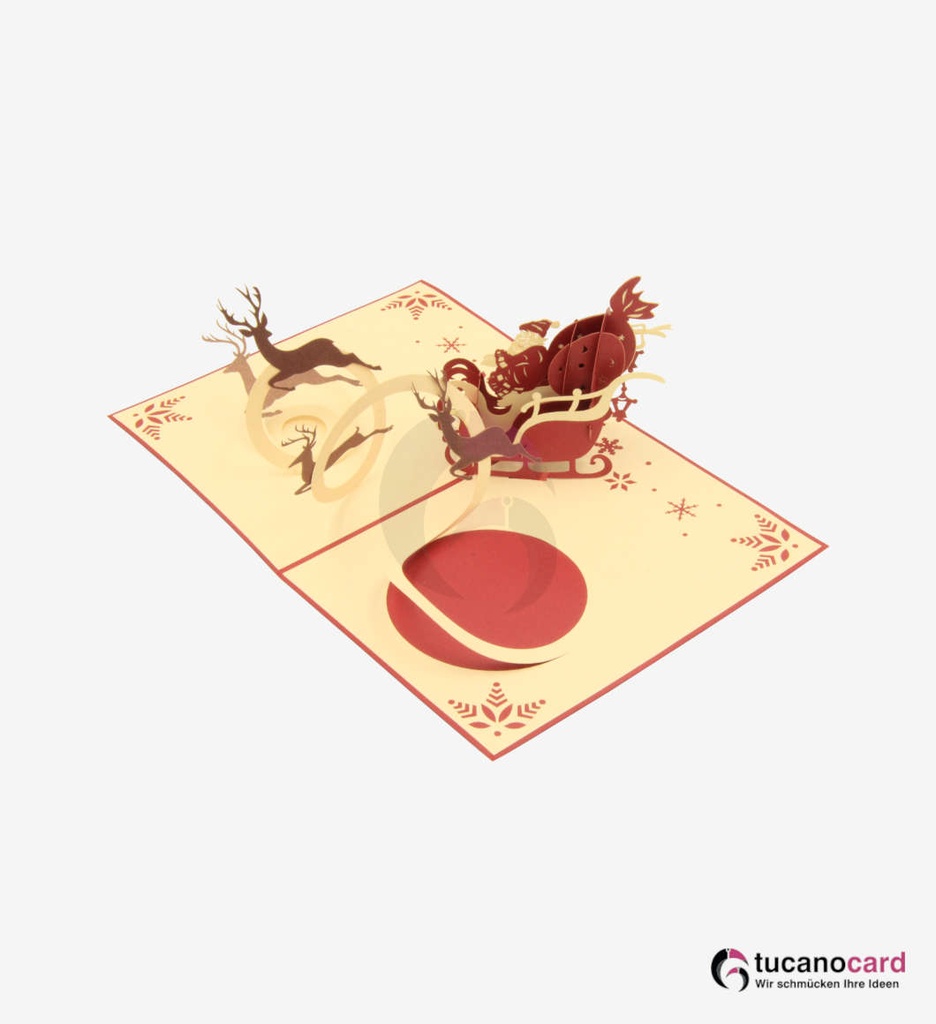 Weihnachtsmann mit Schlitten und Rehen - Rot - 15x20