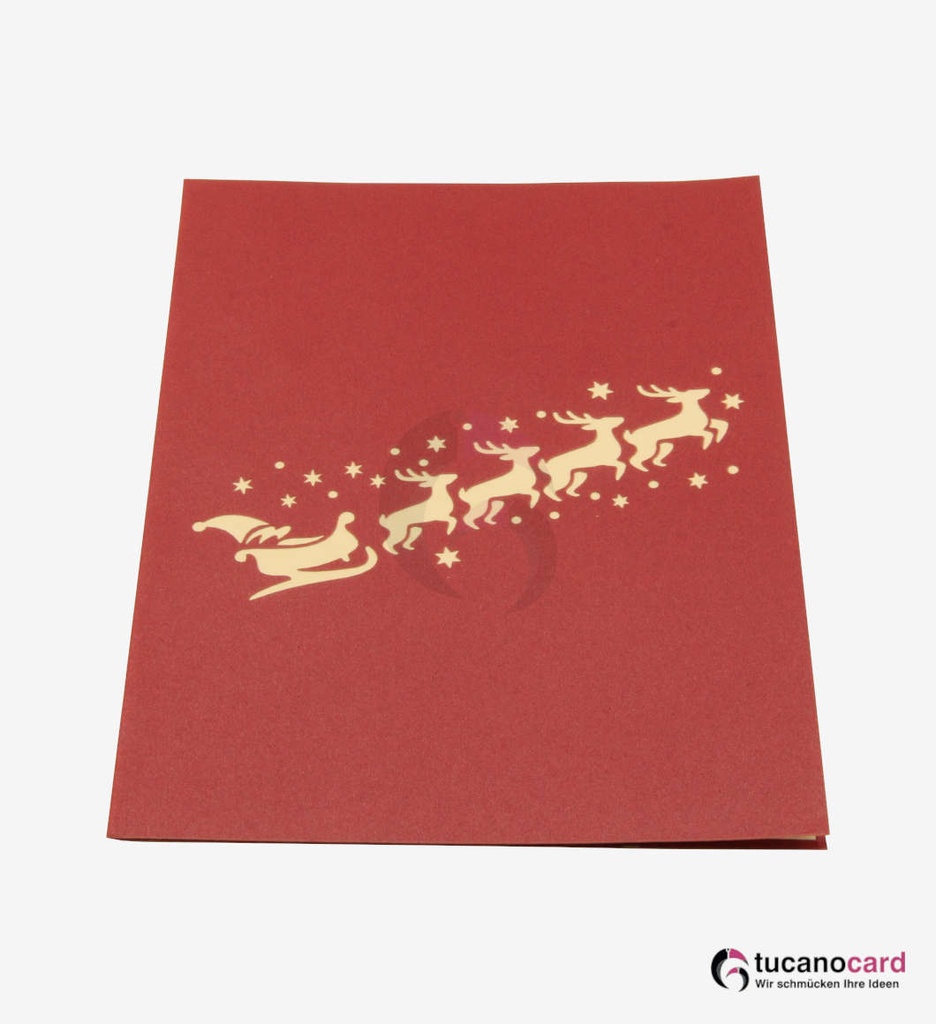 Weihnachtsmann mit Schlitten und Rehen - Rot - 15x20