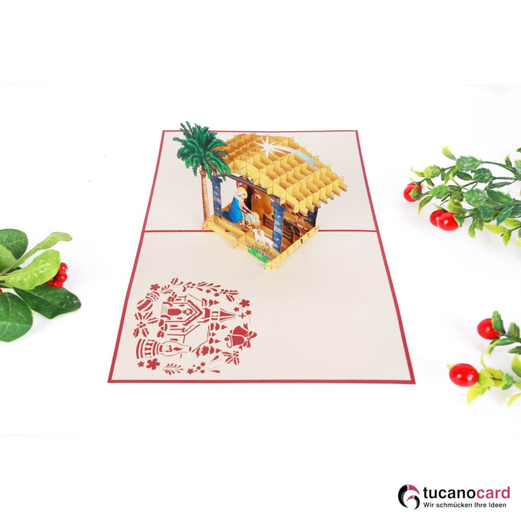 Krippe, Geburt Jesu - Kartenfarbe Rot - 15 x 20 cm