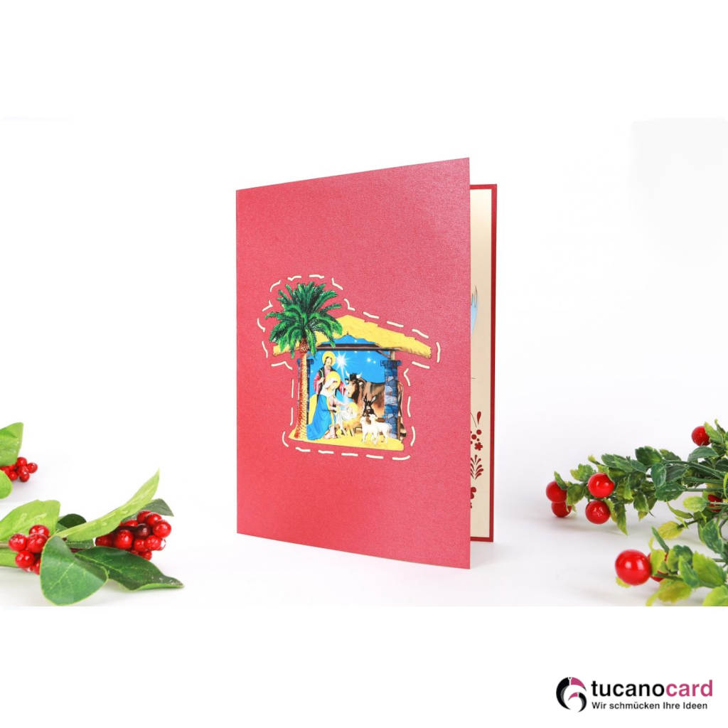 Krippe, Geburt Jesu - Kartenfarbe Rot - 15 x 20 cm