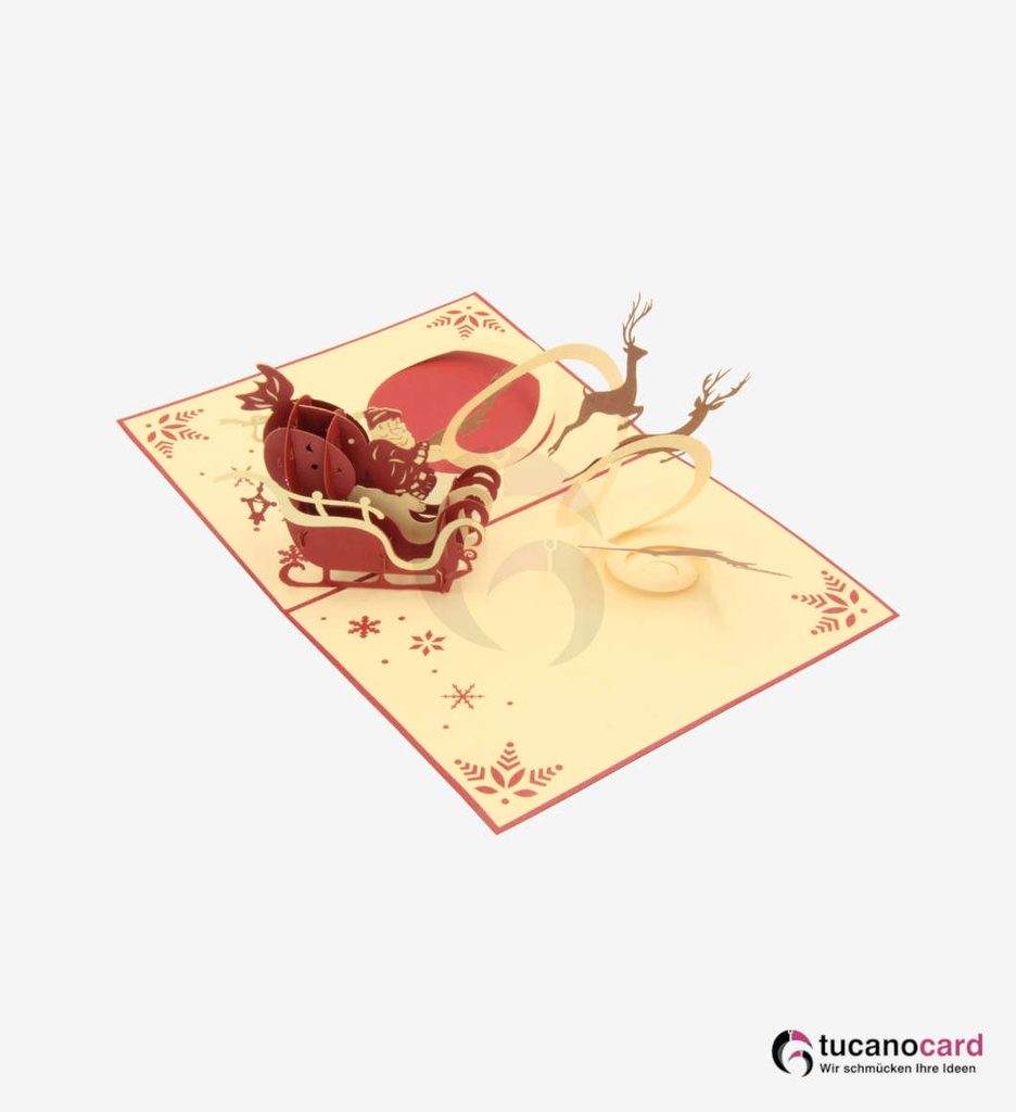 Weihnachtsmann mit Schlitten und Rehen - Rot - 15x20