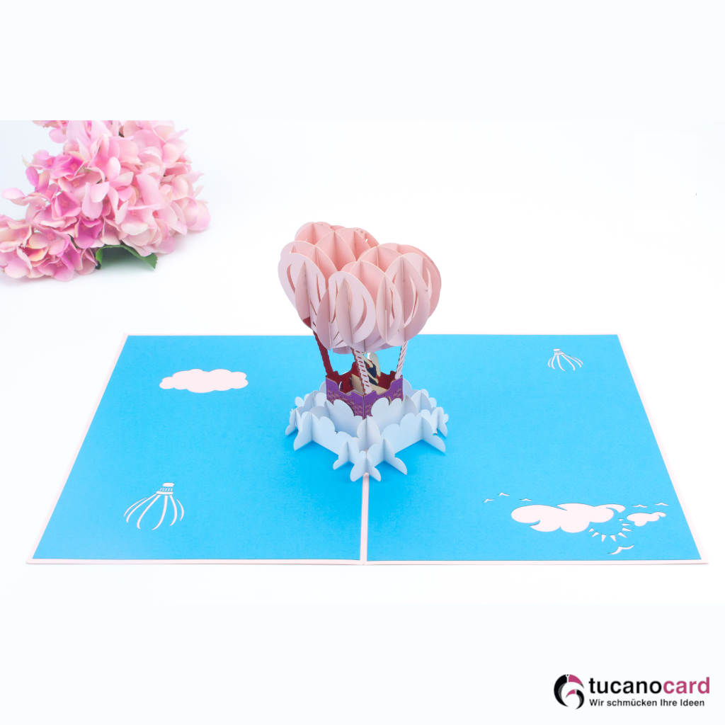 Paar im Heißluftballon - Kartenfarbe Rosa  - 15 x 20 cm