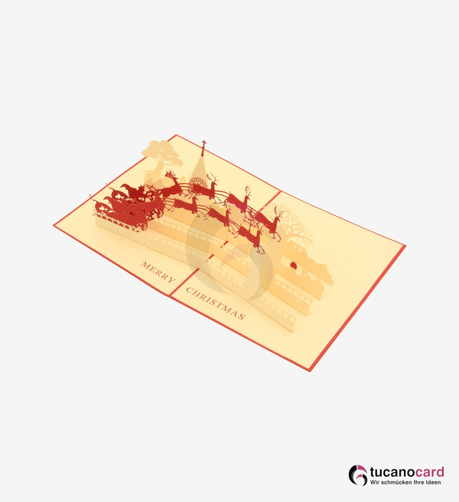 Weihnachtsmann mit Schlitten, Rehen und Kirche - Rot - 15 x 20 cm