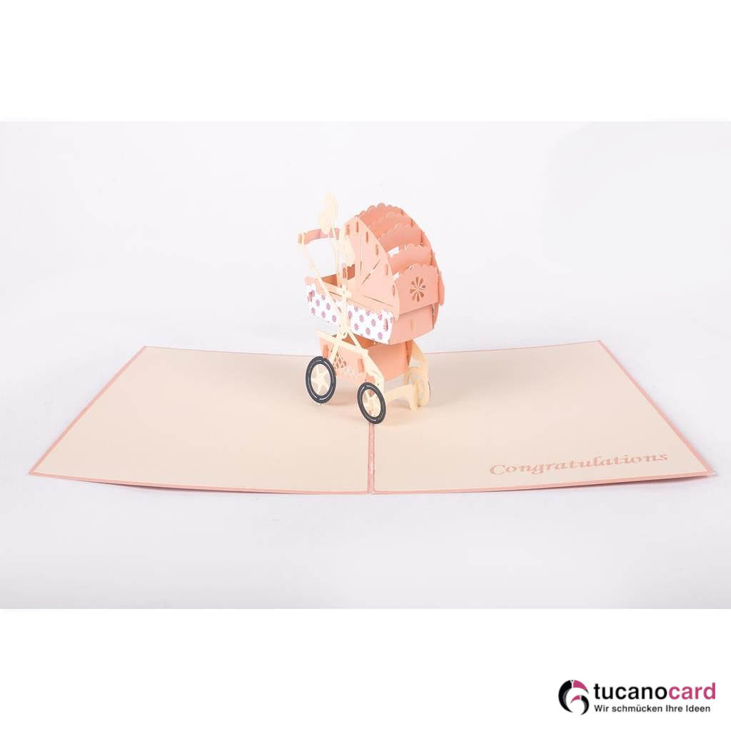 Baby Mädchen sitzend im Kinderwagen - Kartenfarbe Rosa - 15 x 20 cm