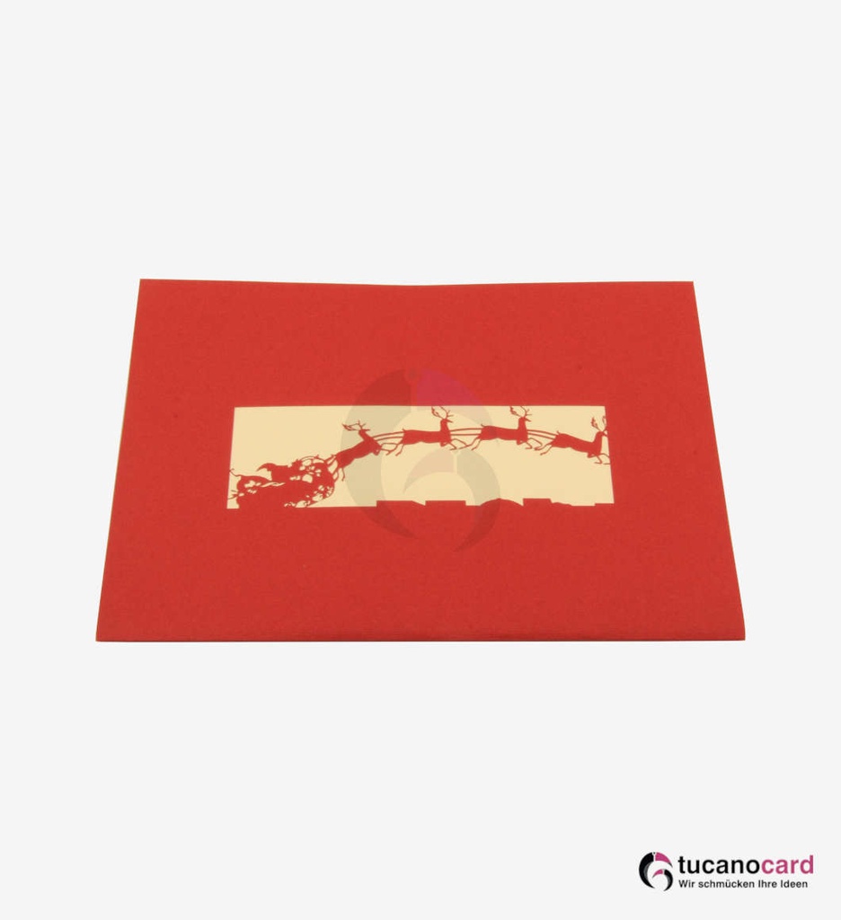 Weihnachtsmann mit Schlitten, Rehen und Kirche - Rot - 15 x 20 cm