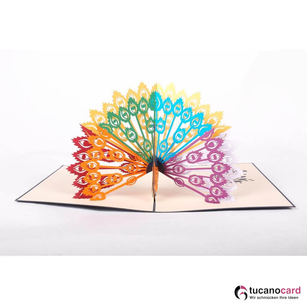 Bunter Pfau - Kartenfarbe Blau - 15 x 20 cm