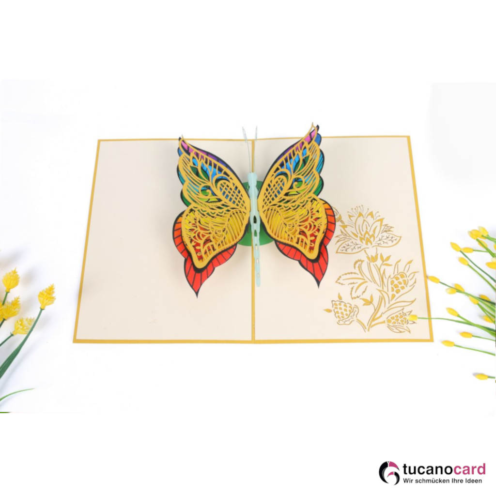 Bunter Schmetterling - Kartenfarbe Gold - 15 x 20 cm