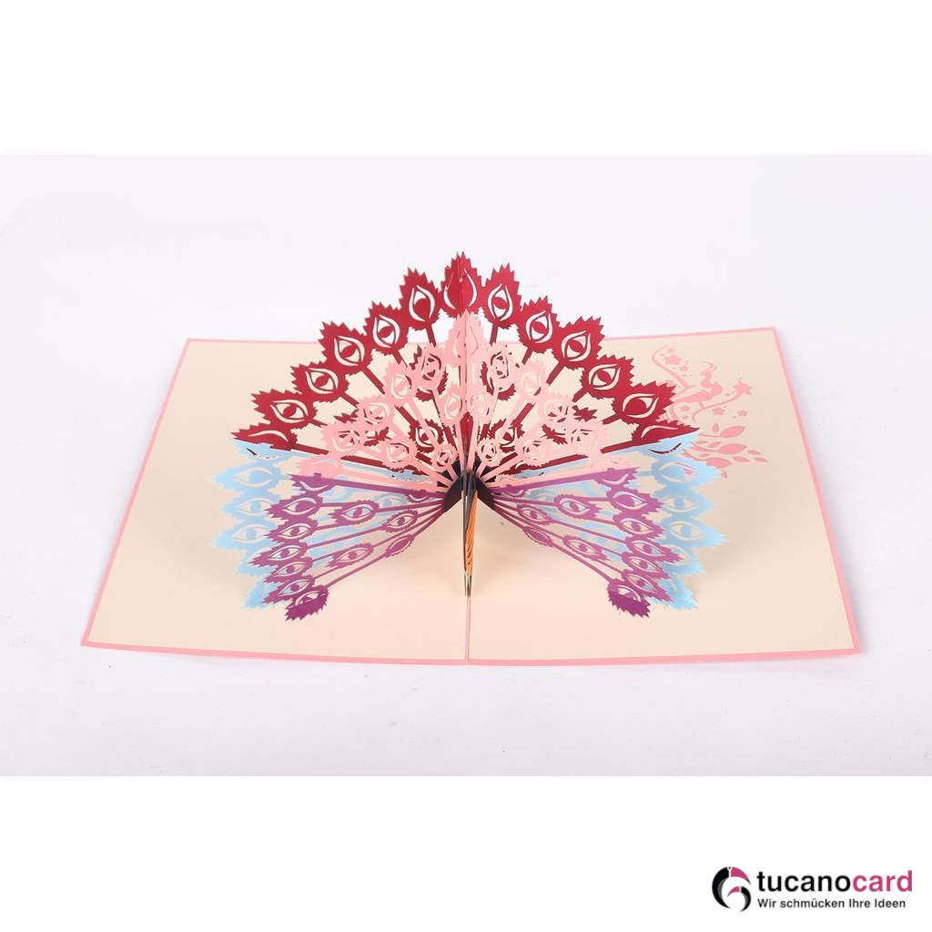 Bunter Pfau - Kartenfarbe Rosa - 15 x 20 cm