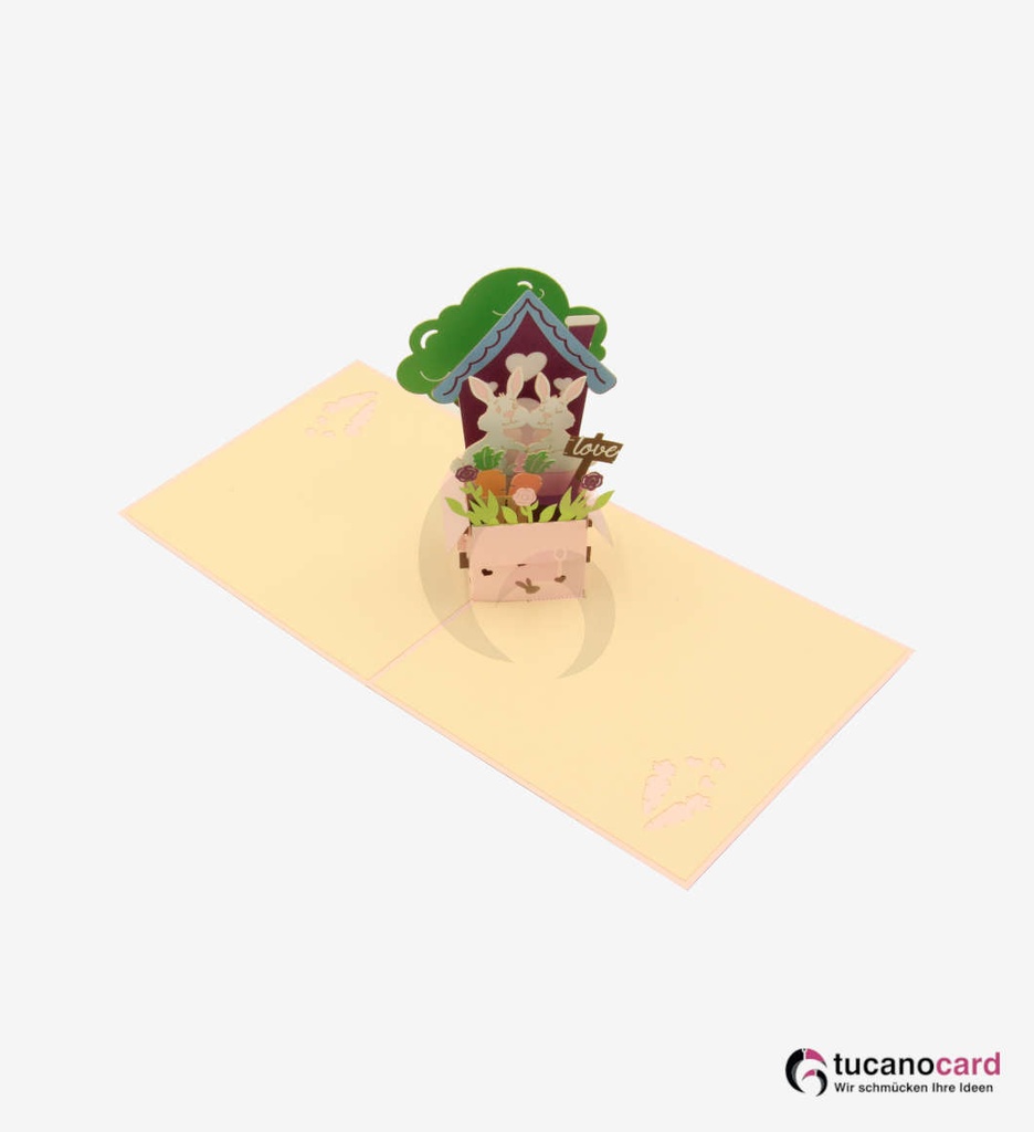 Häschen mit Haus und Garten - Rosa - 15 x 15 cm