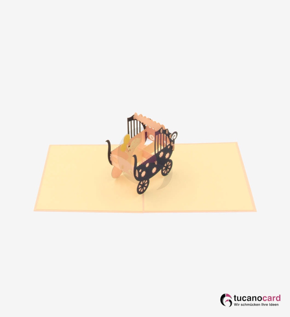 Baby Mädchen sitzend im Kinderwagen - Kartenfarbe Rosa - 12 x 12 cm