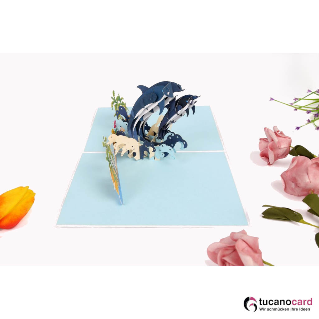 Delfinpaar mit Palmen am Strand - Kartenfarbe Weiß - 15 x 20 cm