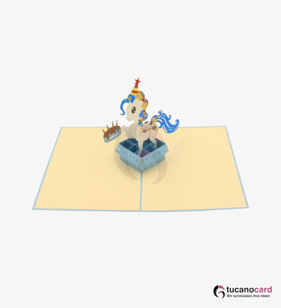 Blaues Einhorn in Box - Kartenfarbe Blau - 15 x 20 cm