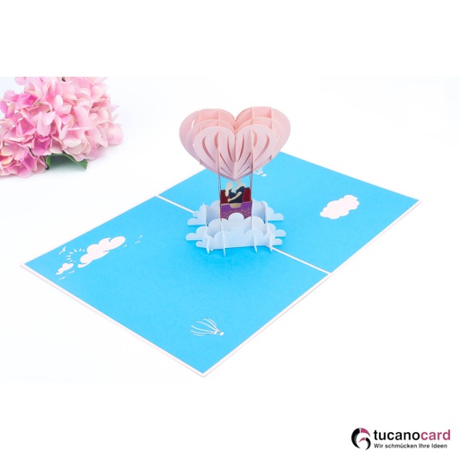 [1100027] Paar im Heißluftballon - Kartenfarbe Rosa  - 15 x 20 cm