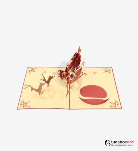 [1100002] Weihnachtsmann mit Schlitten und Rentieren - Kartenfarbe Rot - 15 x 20 cm