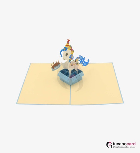 [1100013] Blaues Einhorn in Box - Kartenfarbe Blau - 15 x 20 cm